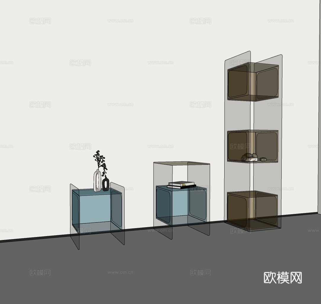 意式床头柜 现代边柜 轻奢角几 玻璃装饰柜su模型