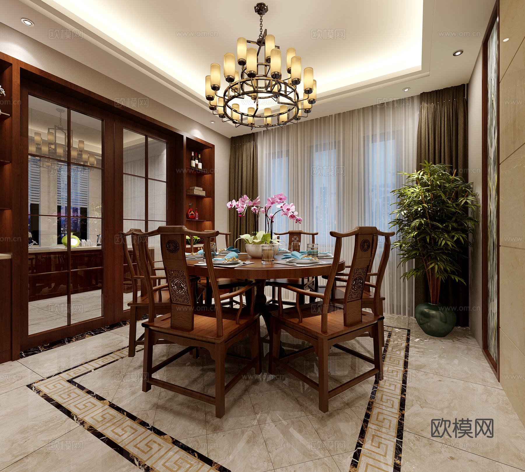 中式客餐厅 餐桌椅 沙发茶几 吊灯 桌面摆件 挂画3d模型