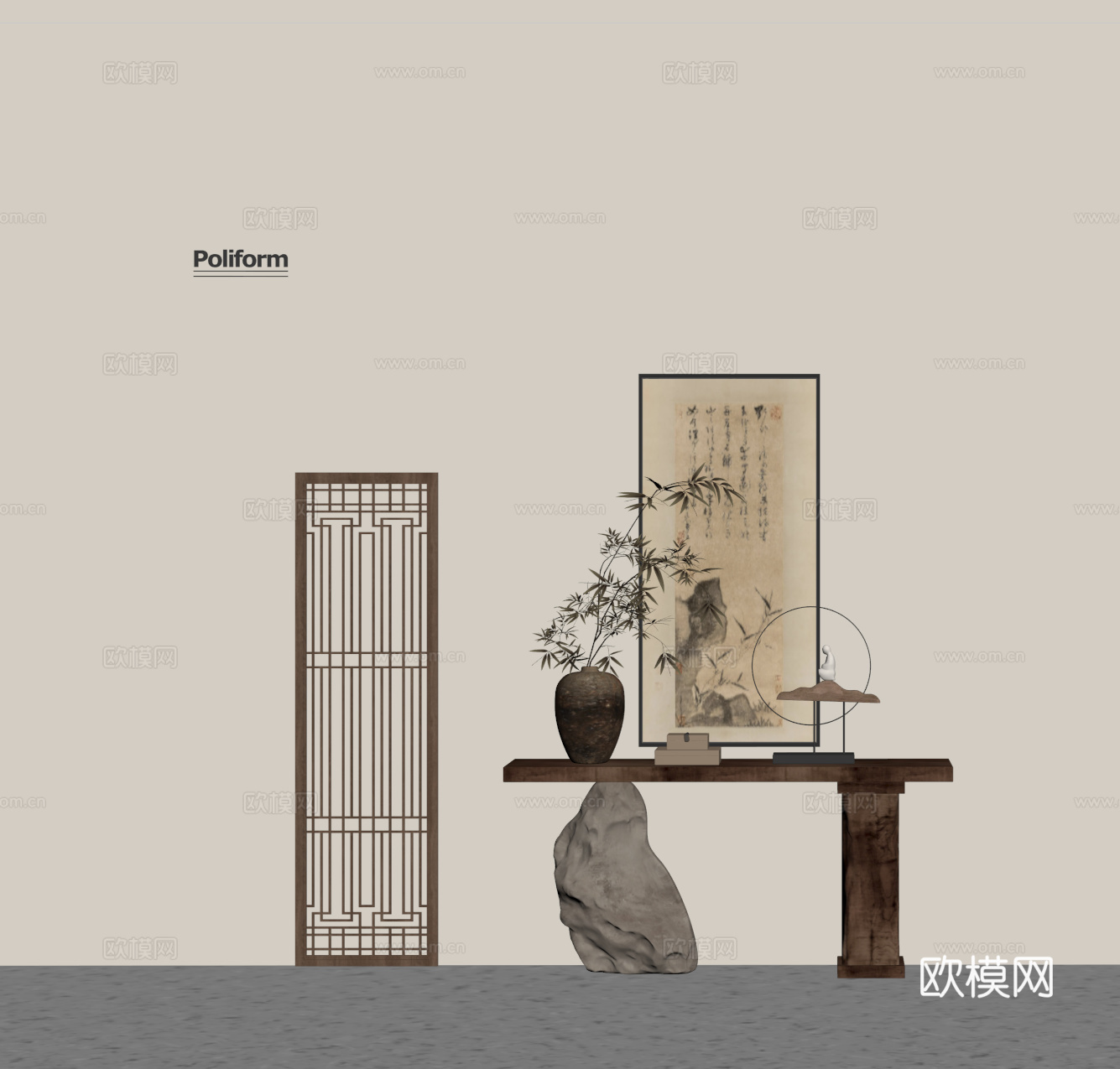 玄关景观台 端景台 端景条案 水墨画su模型