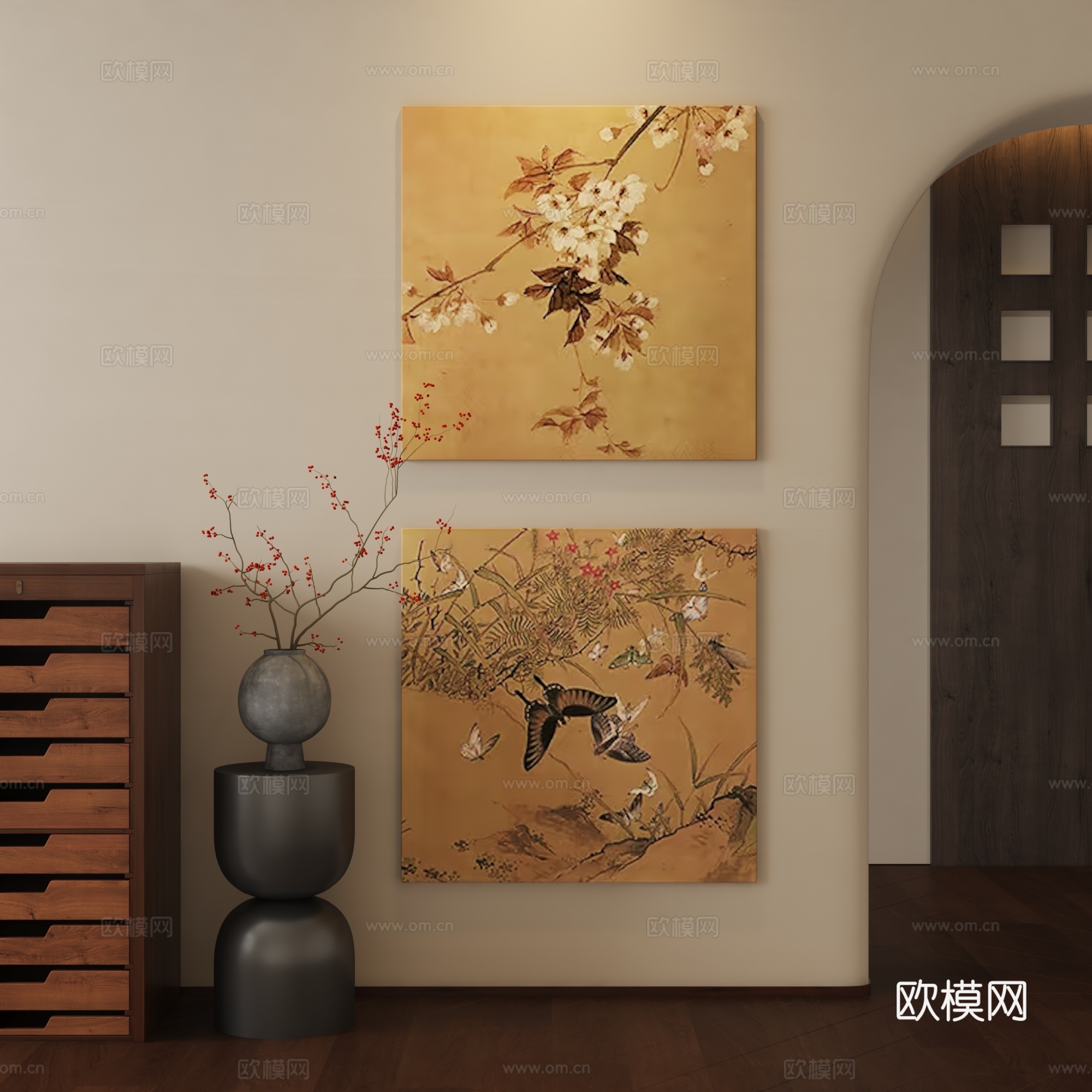 中古风中式客厅茶室玄关挂画3d模型