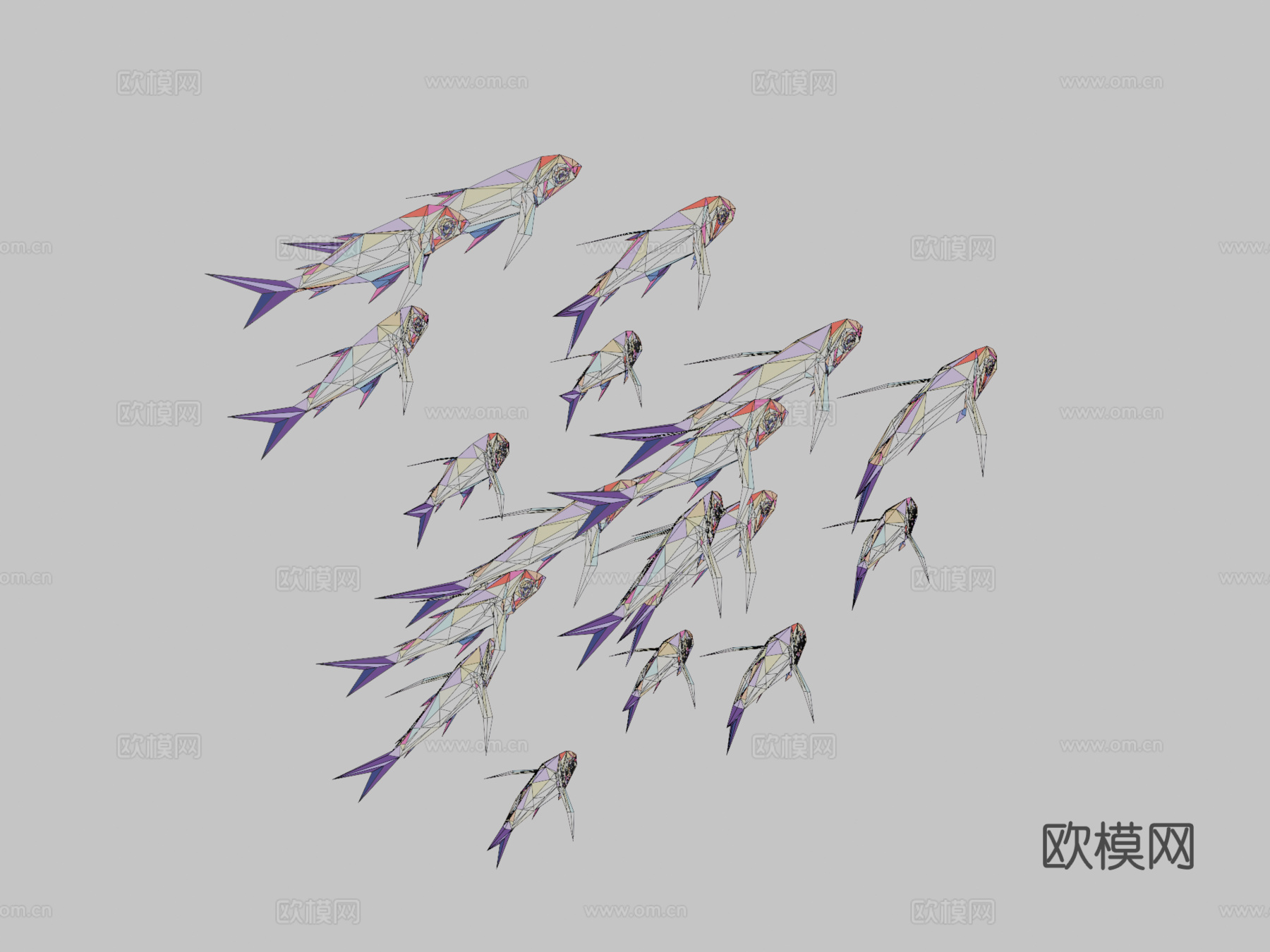 动画低多边形波普艺术群海鱼3d模型