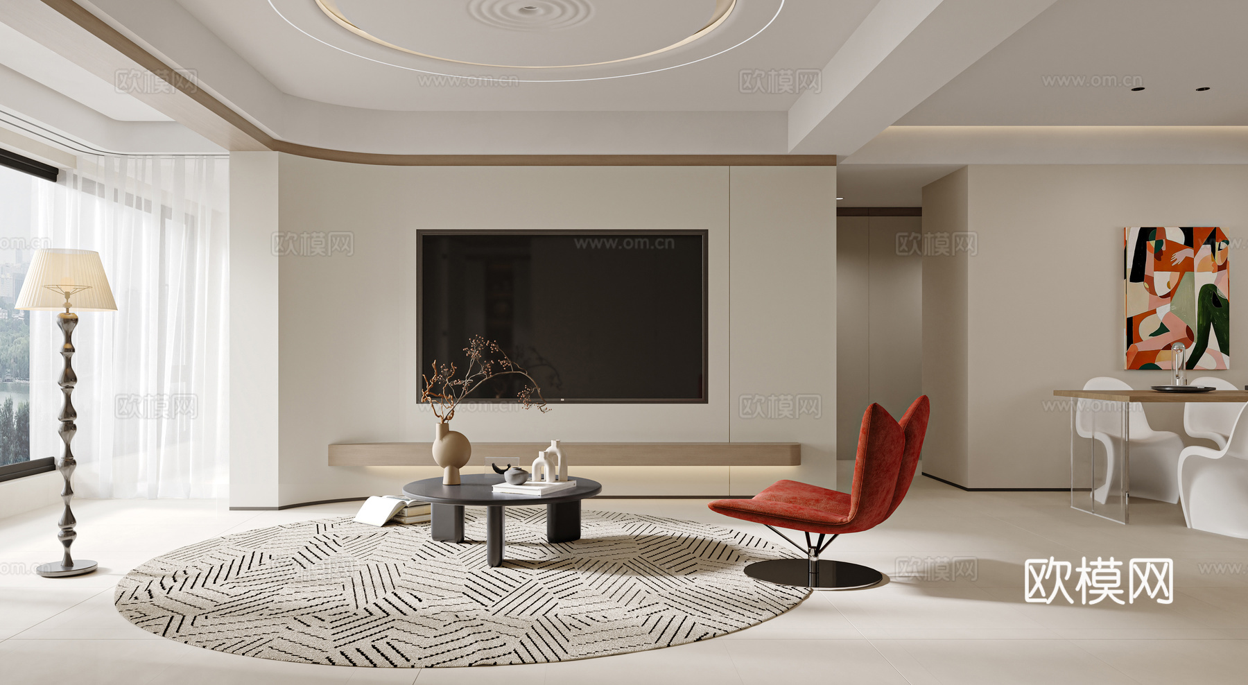 现代奶油客餐厅3d模型