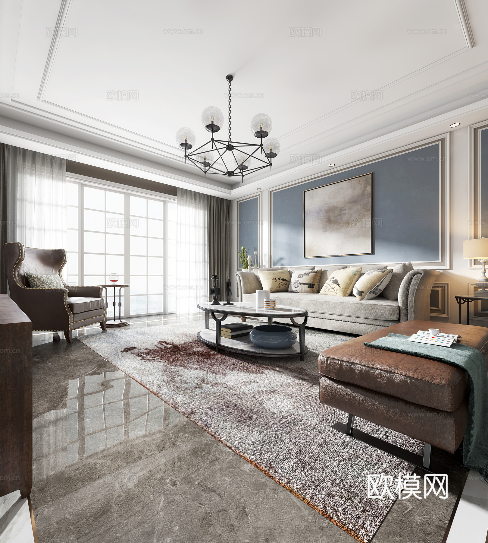 现代美式客厅 餐桌椅 沙发茶几 吊灯 桌面摆件 挂画3d模型