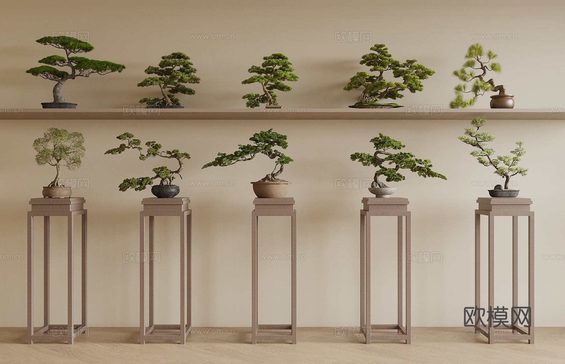 新中式盆栽盆景 松树盆景 花几 罗汉松盆景 新中式绿植3d模型