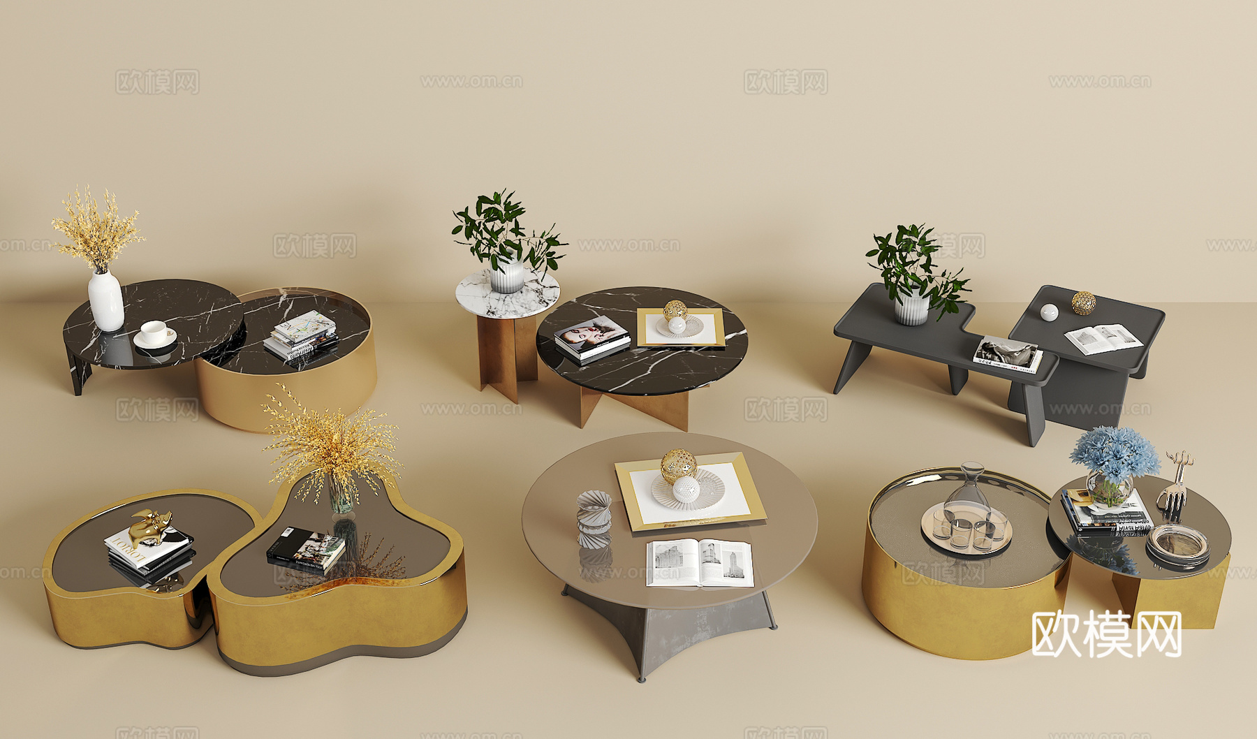 茶几组合 绿植 饰品摆件 书籍3d模型