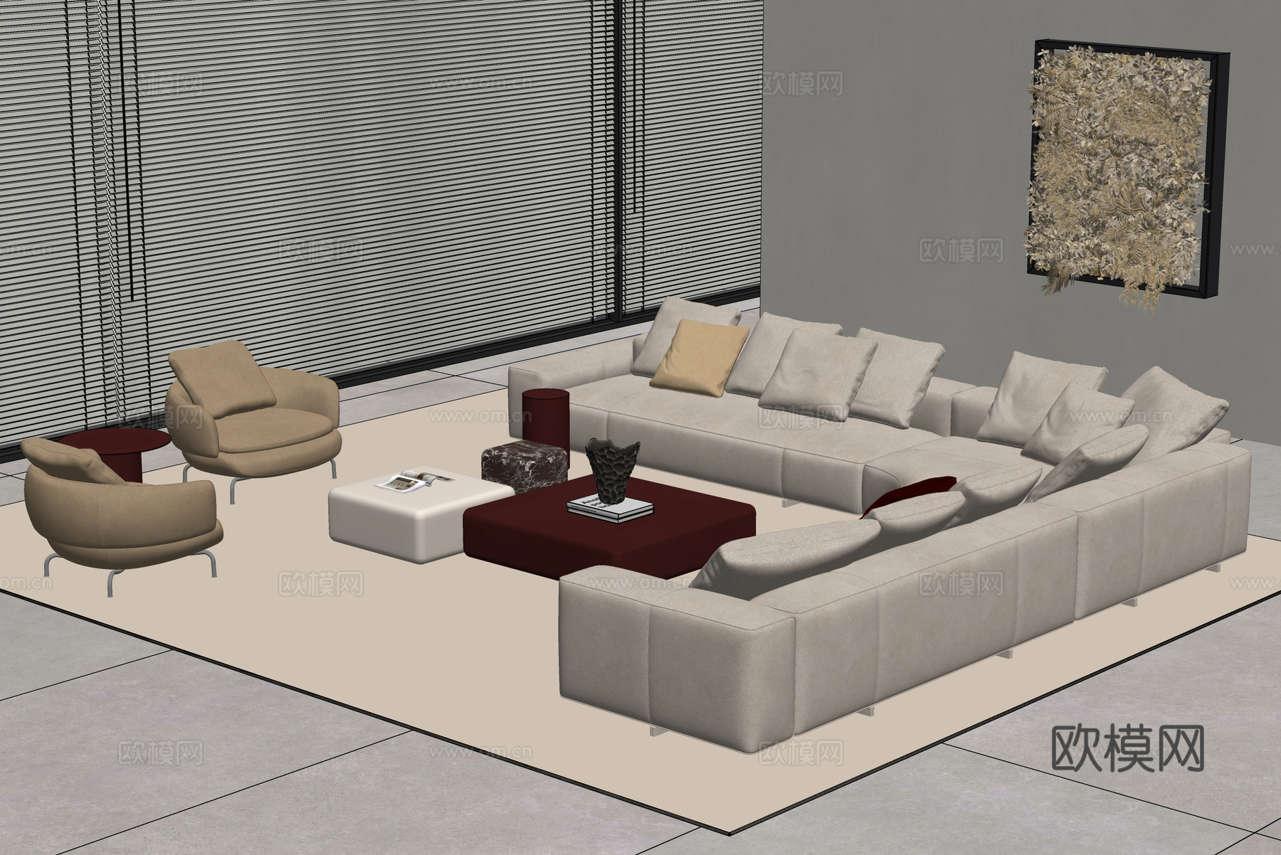 Minotti YVES沙发茶几组合 转角沙发 客厅沙发su模型