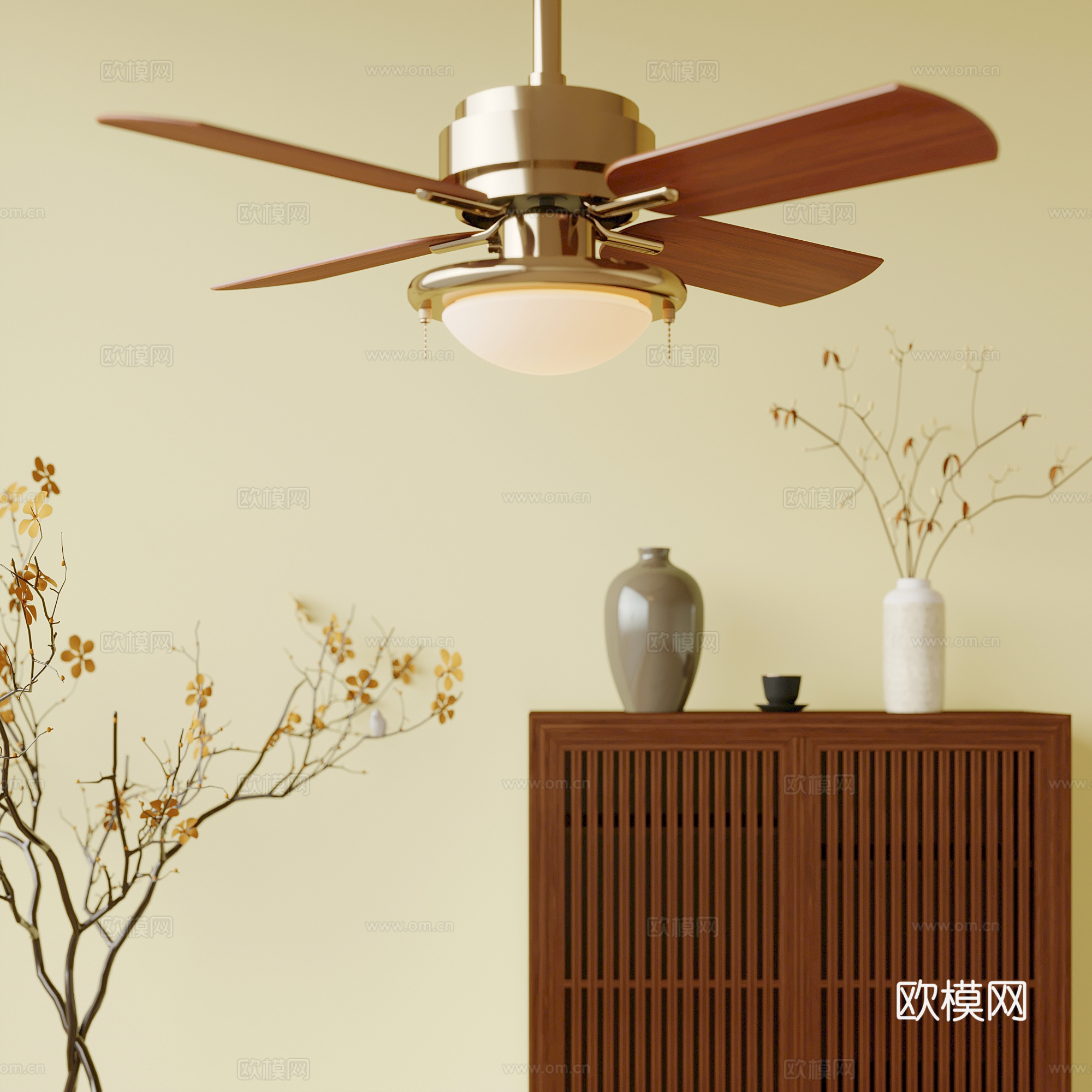风扇灯 中古风风扇灯 吊灯su模型