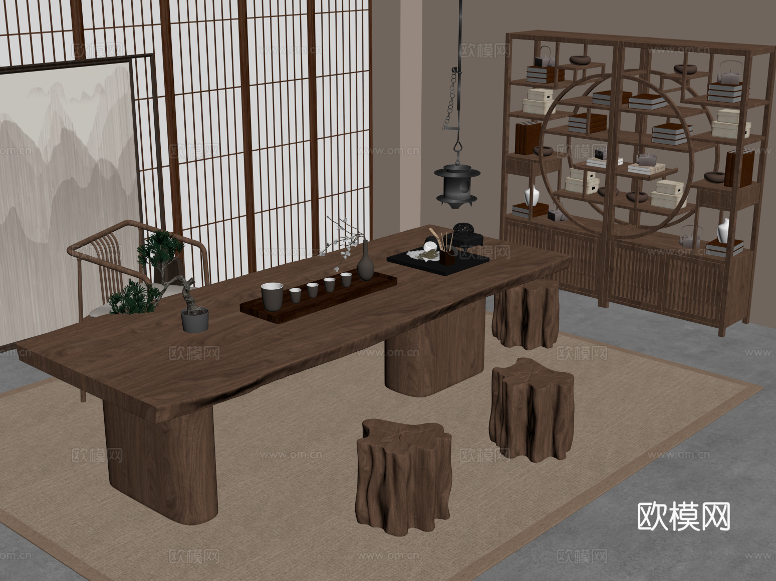 茶室 新中式茶室 茶桌椅 茶台 茶具 博古架su模型
