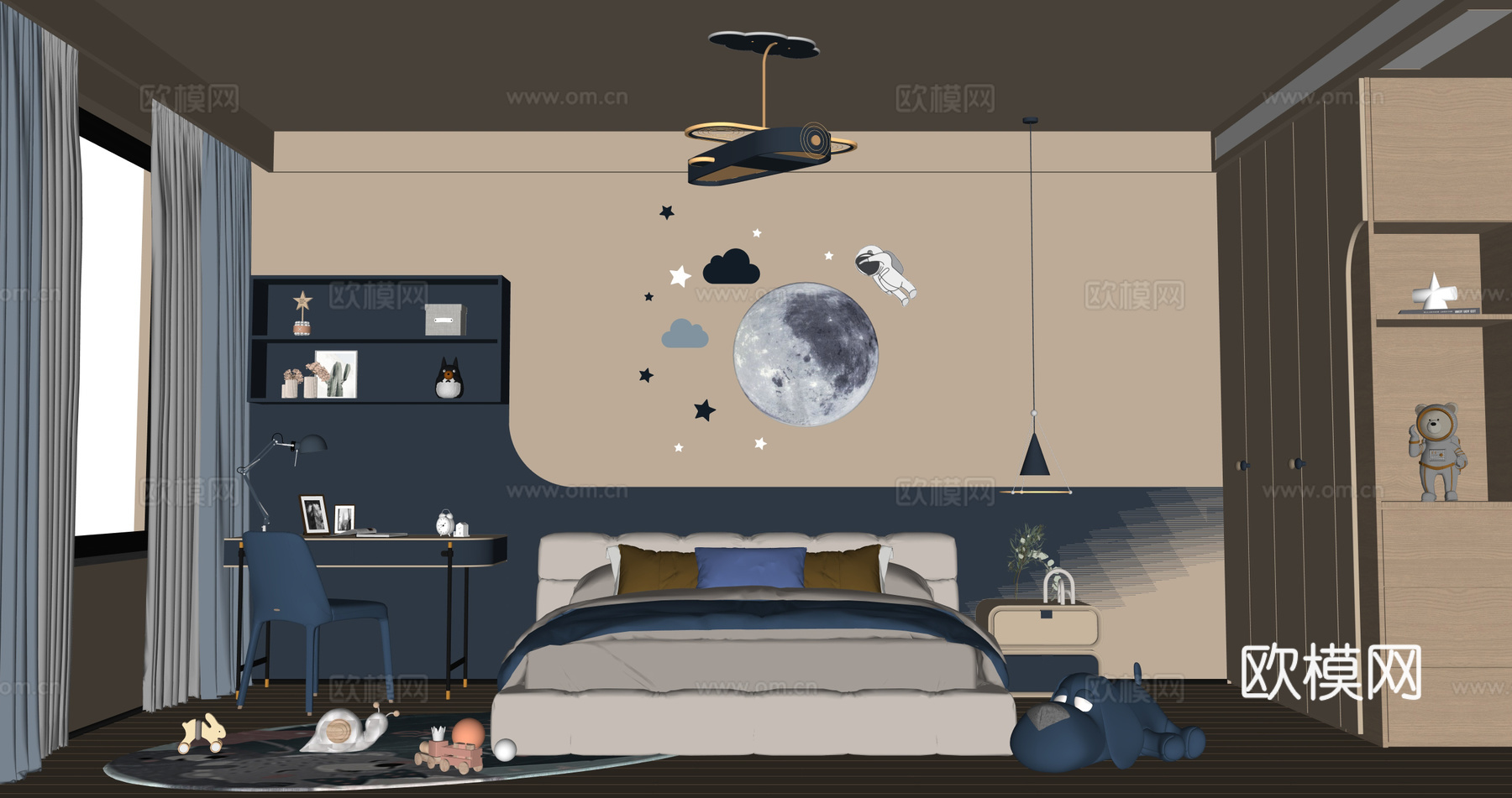 奶油风儿童房su模型