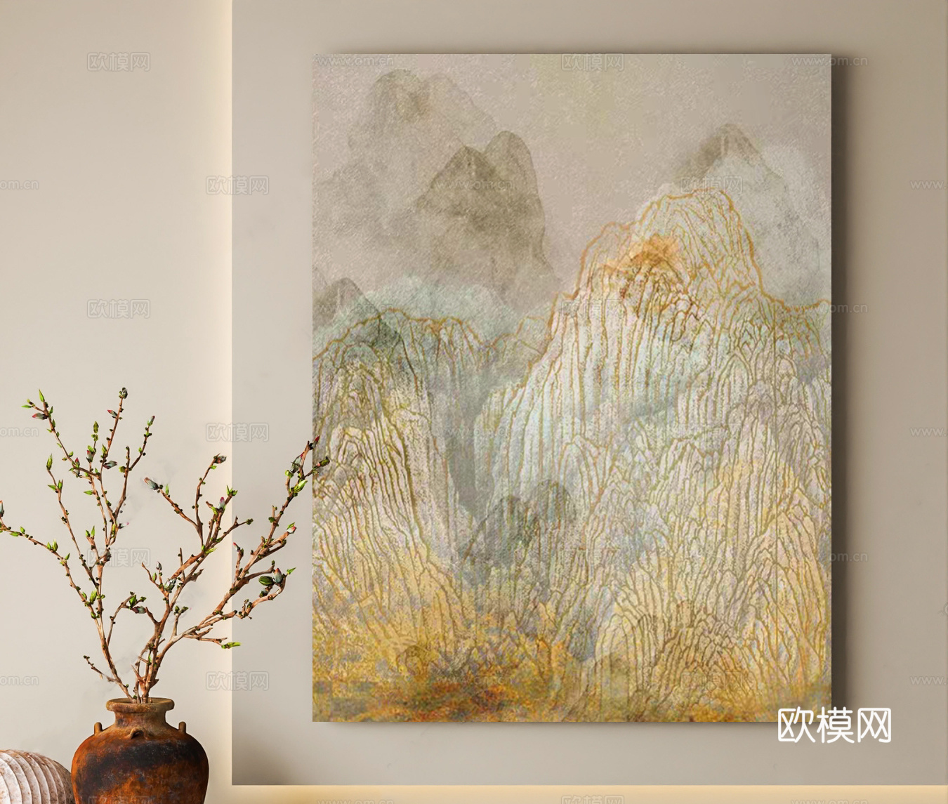 新中式禅意挂画 新中式玄关挂画 侘寂复古装饰画 抽象风景装饰su模型