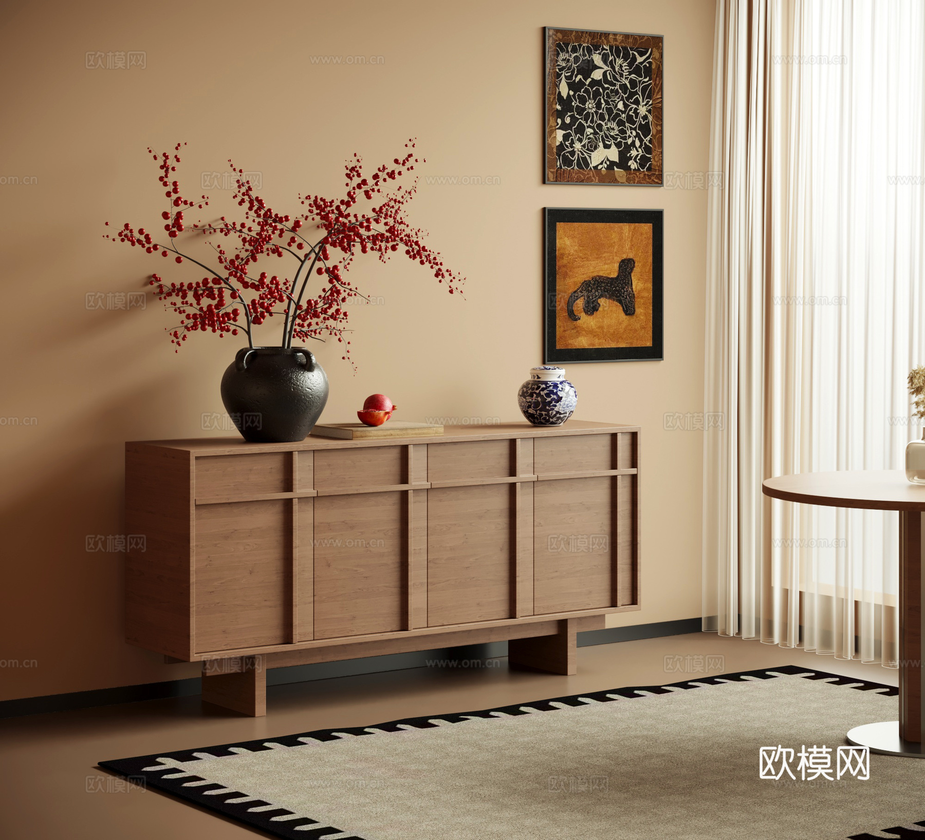 玄关柜 中古风玄关柜 餐边柜 盆栽盆景su模型
