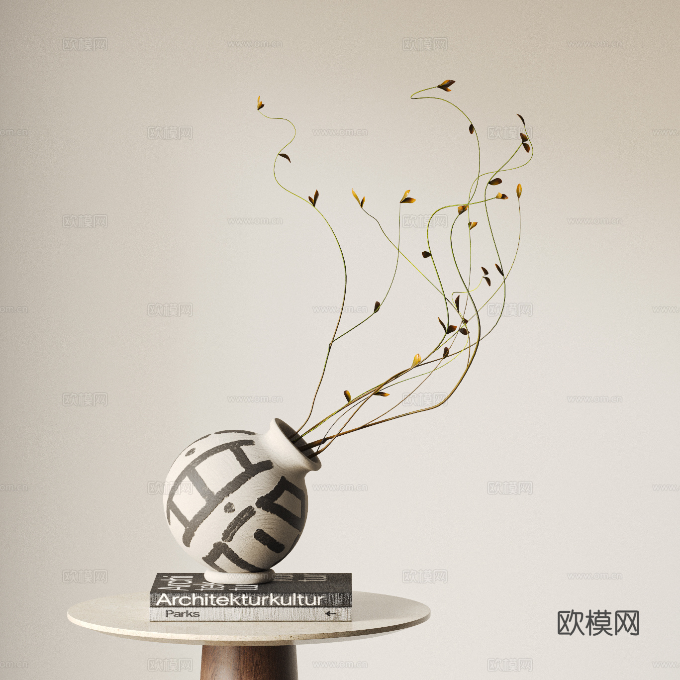 现代 侘寂 中古风 陶瓷花瓶 干枝 摆件 花艺 书籍 边几3d模型