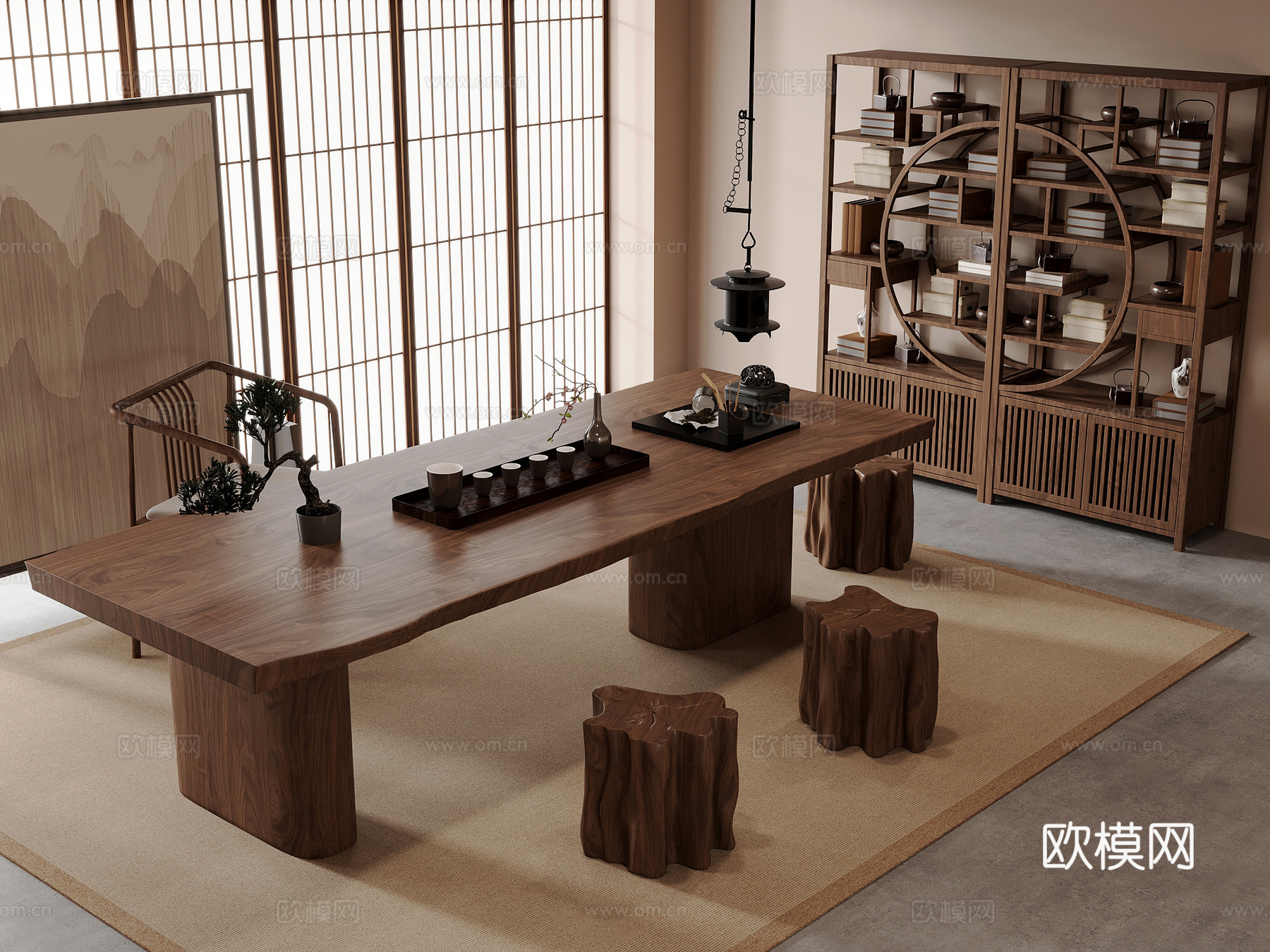 茶室 新中式茶室 茶桌椅 茶台 茶具 博古架su模型