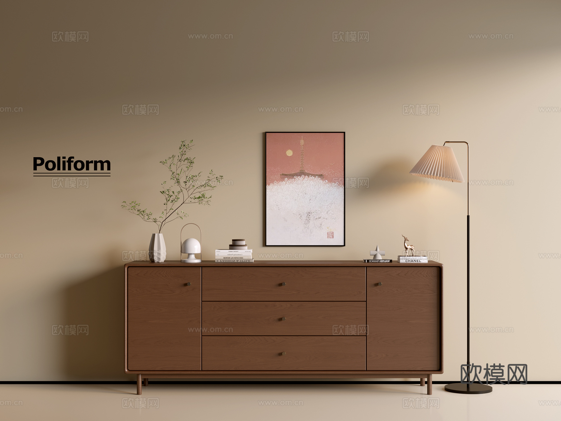 现代木纹柜 ins风极简风柜子  整体柜 餐边柜 阳台柜 储su模型下载（渲染图1）