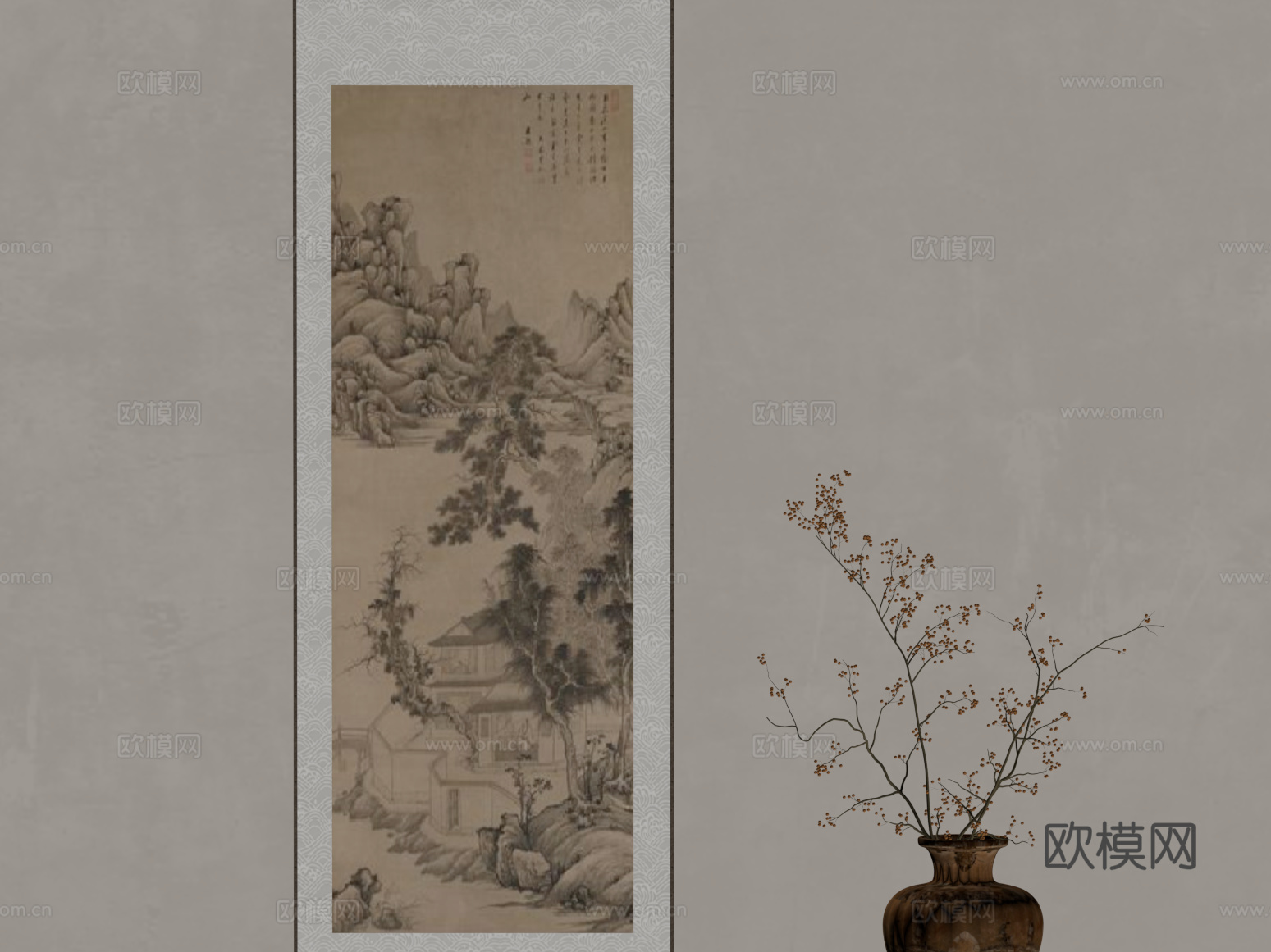 新中式装饰画 花瓶su模型