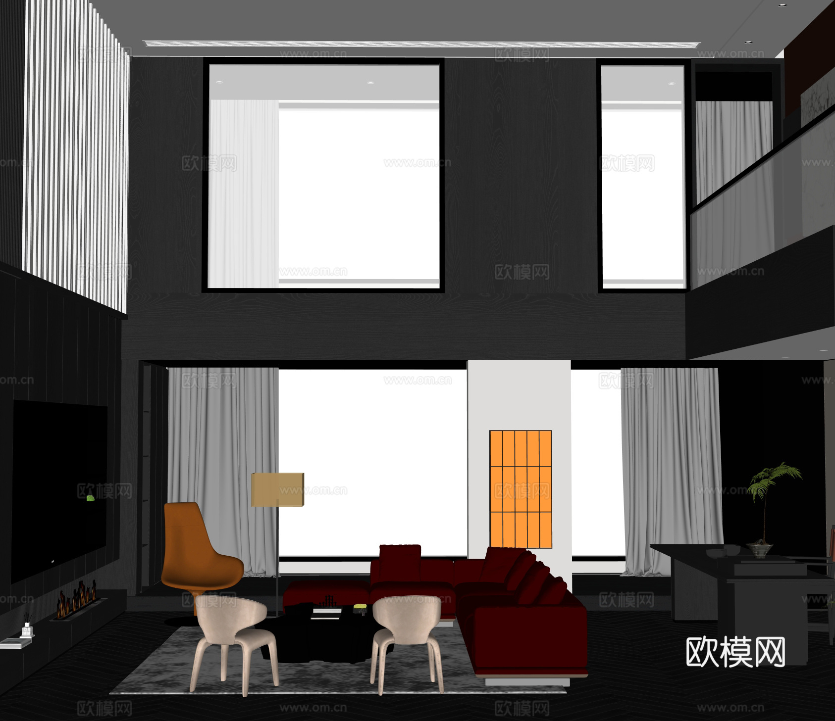 现代意式别墅客厅su模型