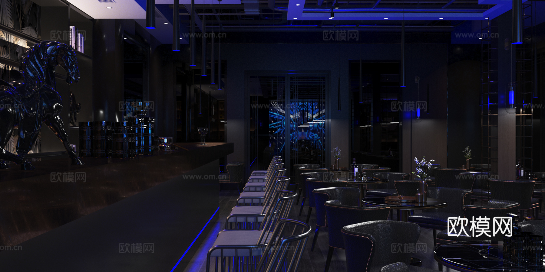 现代新中式西餐厅 酒吧清吧 餐饮饭店 休闲桌椅 夜景餐厅饭店3d模型