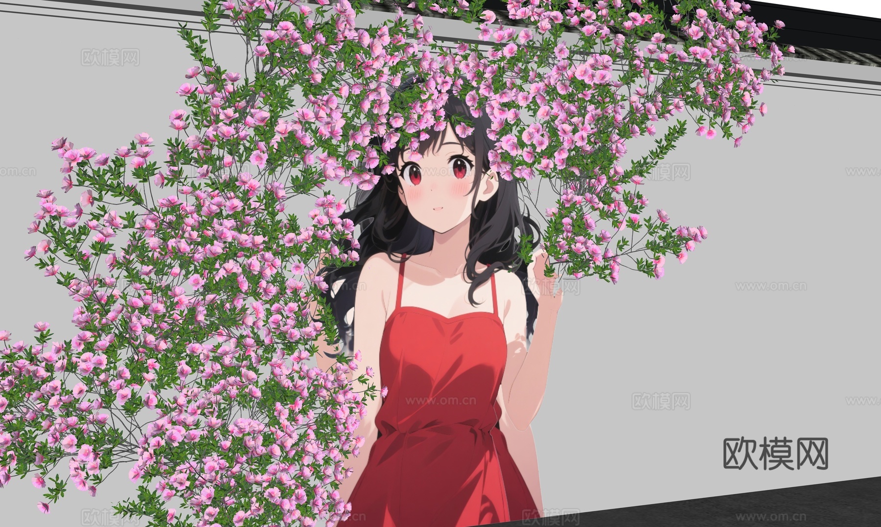 花多墙 卡通围墙 花朵女孩头发 现代美陈墙面 墙绘花朵围墙su模型