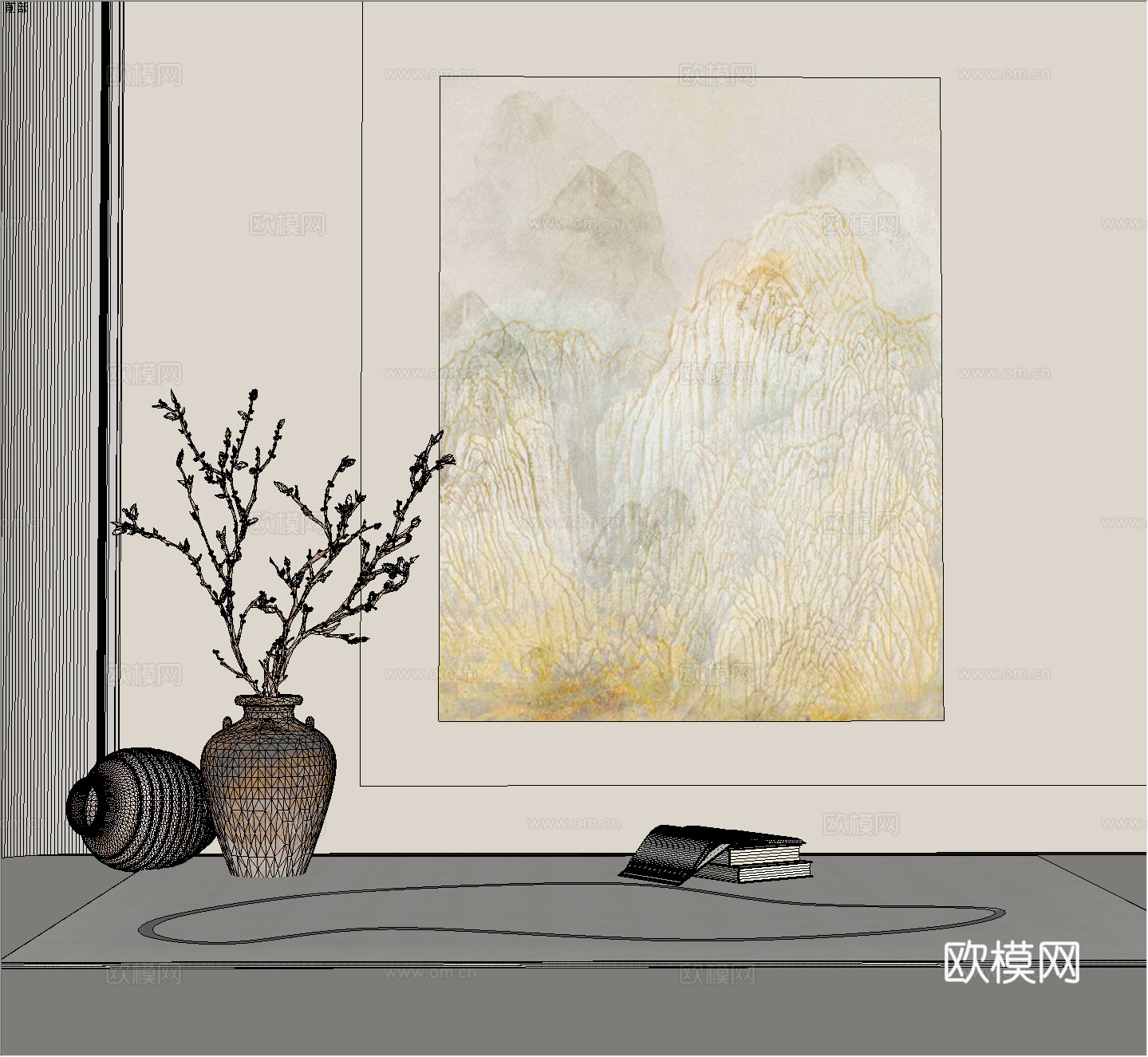 新中式禅意挂画 新中式玄关挂画 侘寂复古装饰画 抽象风景装饰su模型