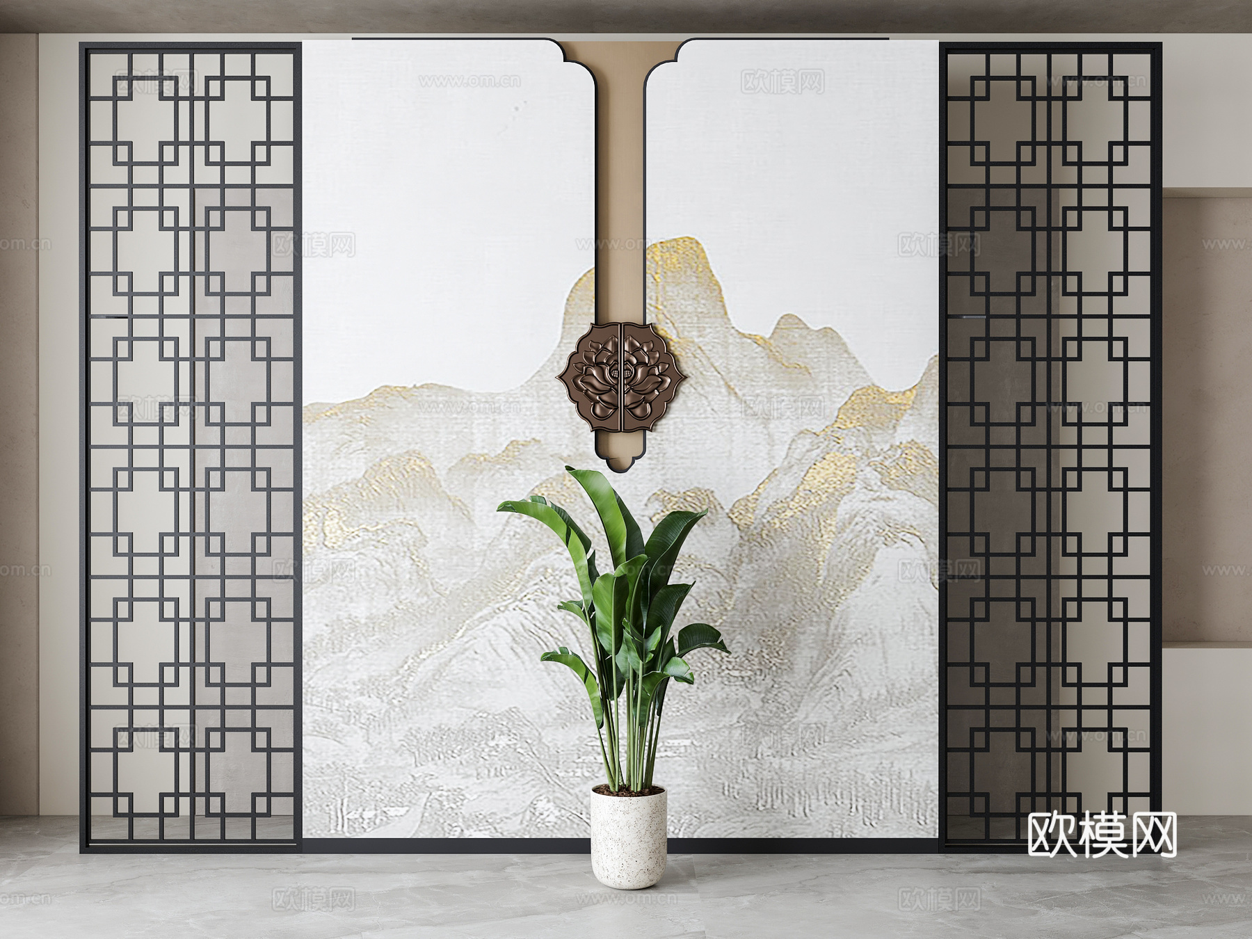 新中式沙发背景墙su模型