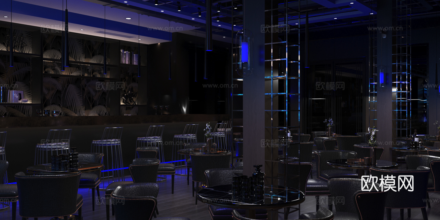 现代新中式西餐厅 酒吧清吧 餐饮饭店 休闲桌椅 夜景餐厅饭店3d模型