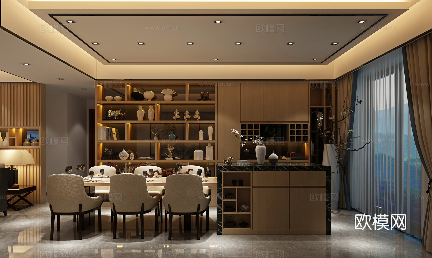 现代中式客餐厅 沙发茶几 吊灯 挂画 电视柜 摆件 餐桌椅3d模型