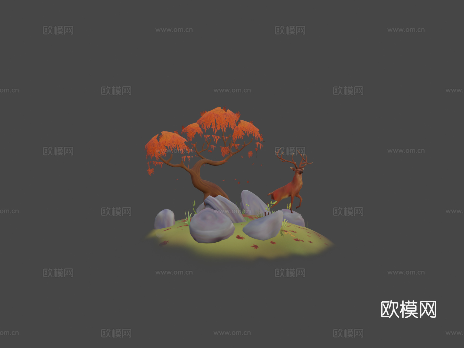 秋季场景与雄鹿3d模型