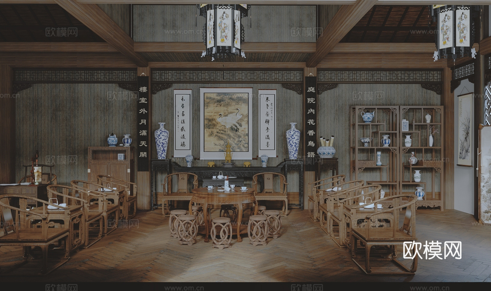 中式祠堂 中式吊灯 中式神龛 青花瓷瓶 太师椅 圈椅 八仙桌3d模型