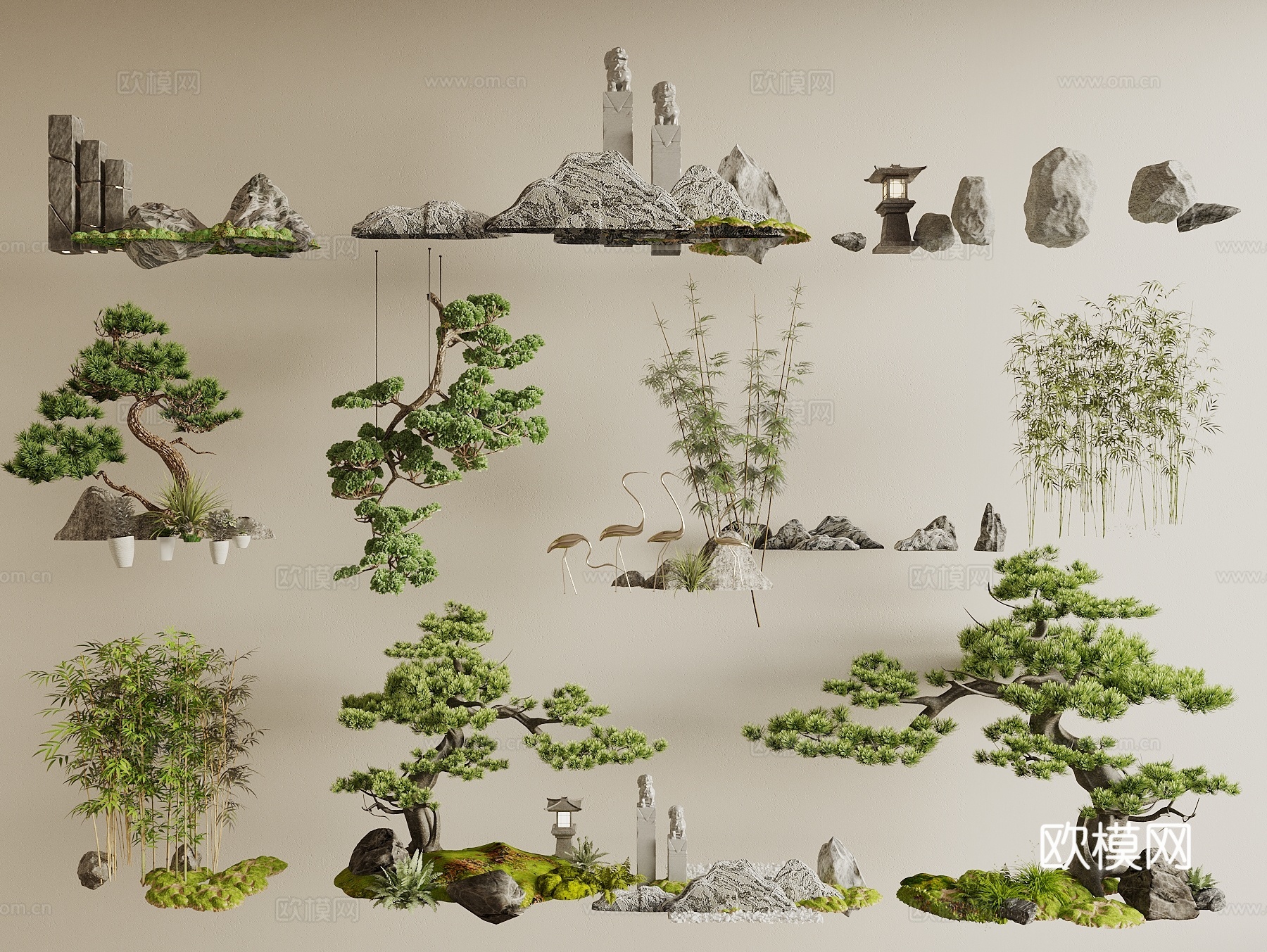新中式植物景观造景 景观小品 庭院景观 庭院小品 室内景观3d模型