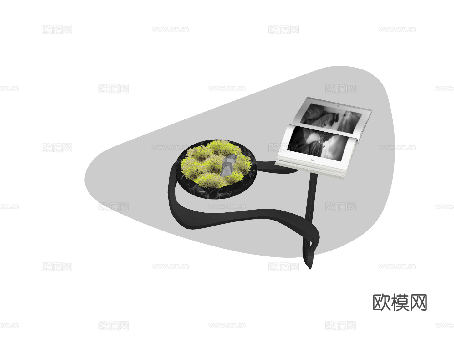 现代 法式 中古风 茶几 玻璃茶几 茶几摆件 苔藓 书籍su模型