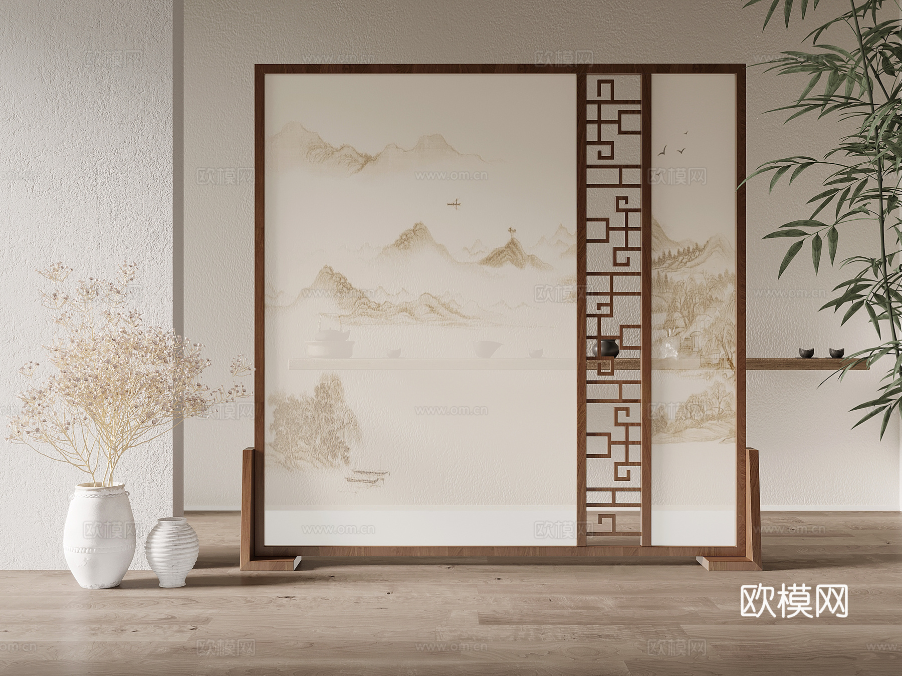 屏风隔断 新中式屏风隔断su模型