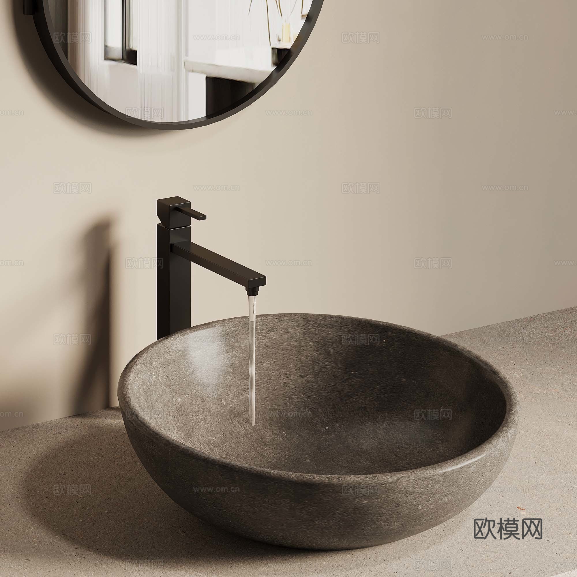 现代石槽台盆 洗手池 台上盆 水龙头3d模型