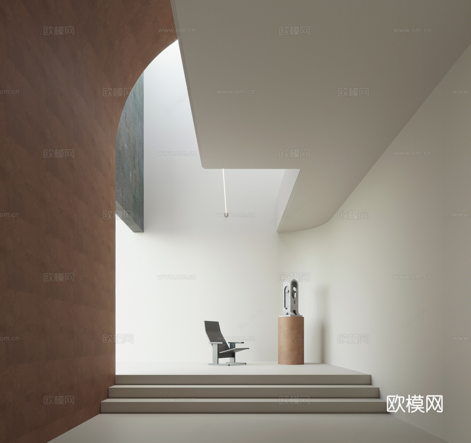 侘寂休息区 过道 天井 雕塑摆件 休闲椅3d模型