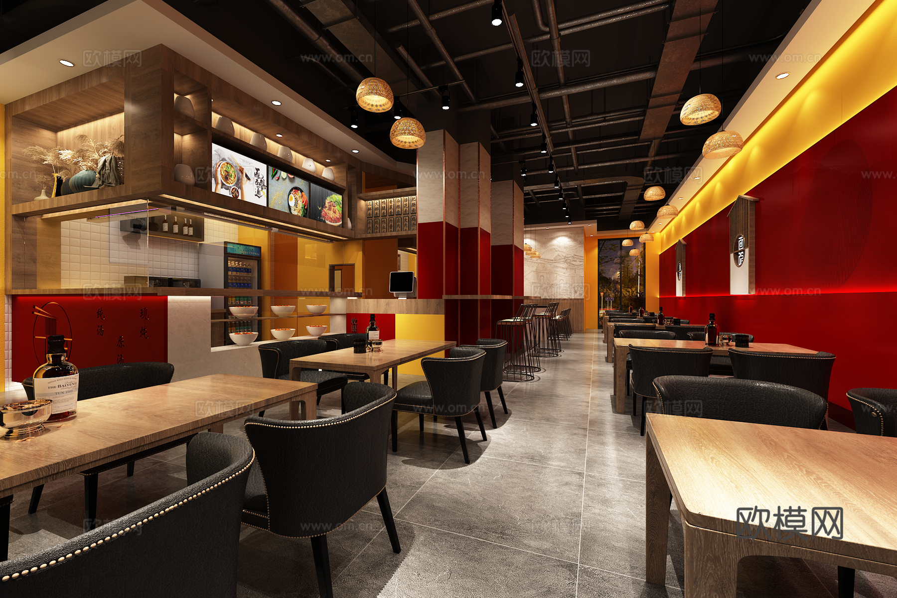 现代新中式西餐厅 酒吧清吧 餐厅饭店 休闲桌椅 多巴胺餐厅3d模型