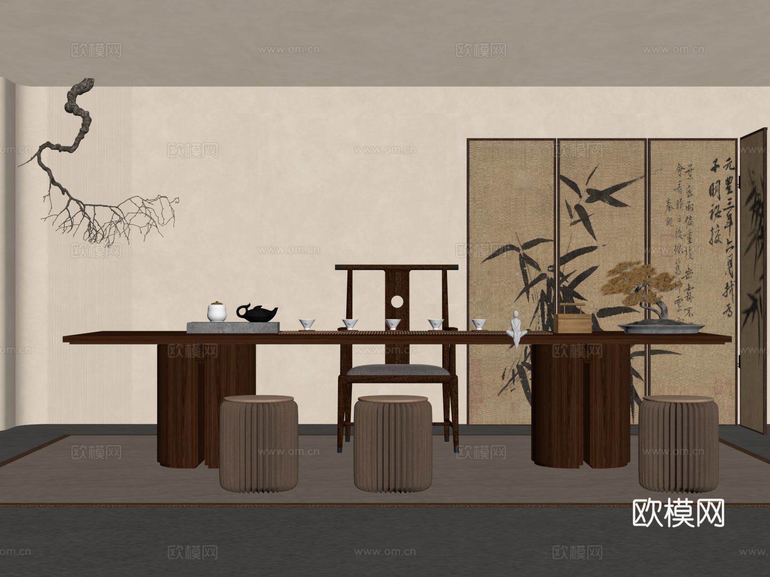 新中式茶桌椅  屏风su模型