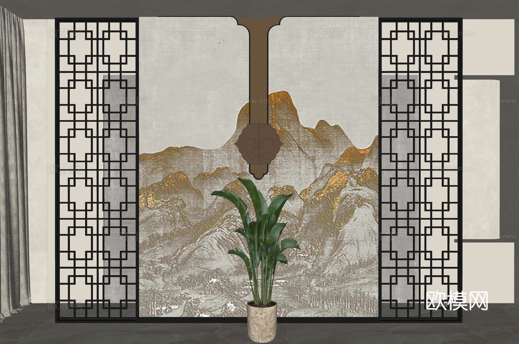 新中式沙发背景墙su模型