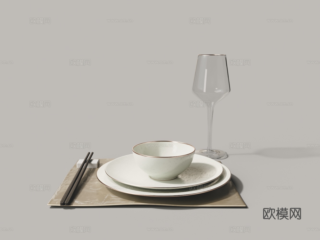 中式餐具 盘子 碗 红酒杯 筷子3d模型