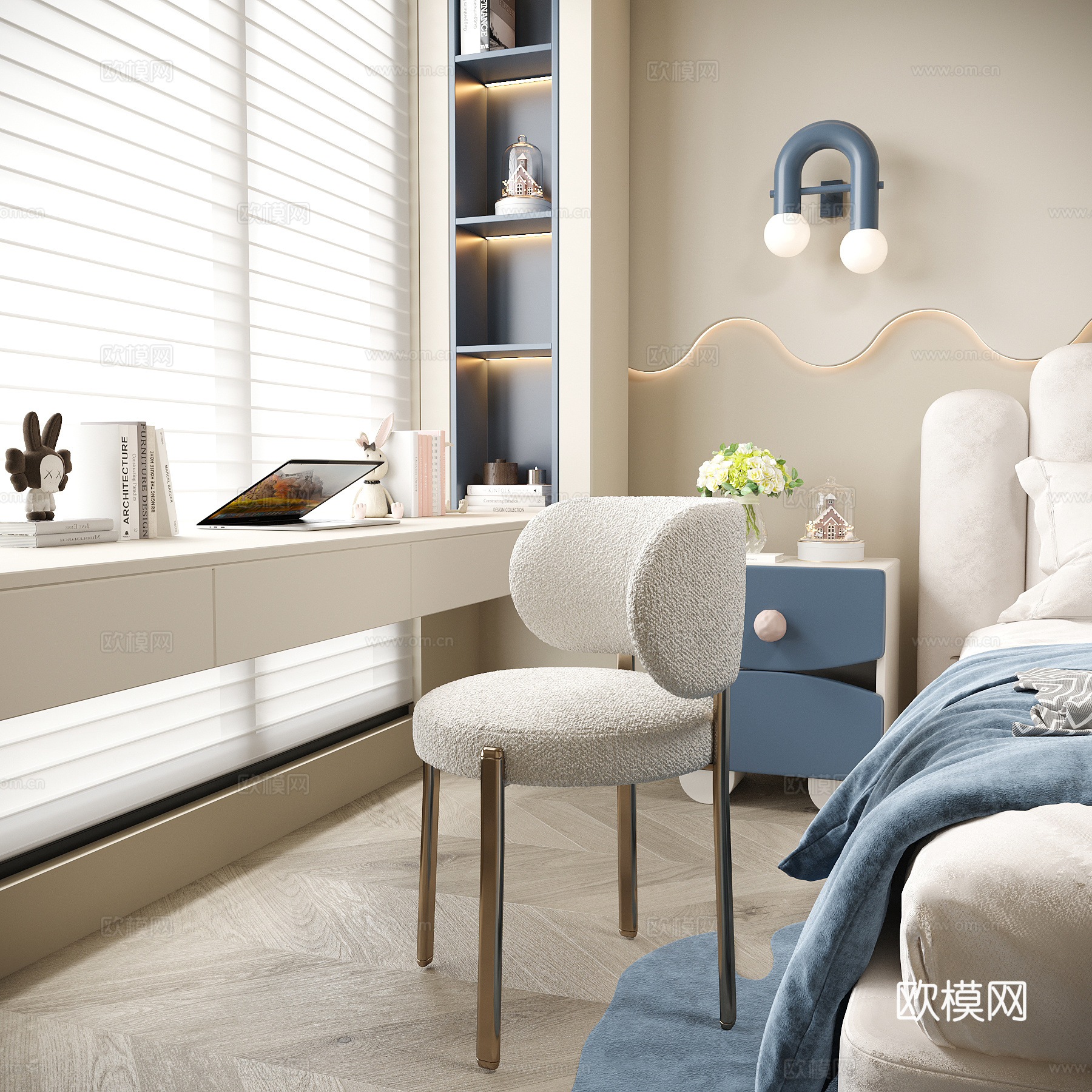 现代儿童书桌椅 儿童床头柜 百叶帘3d模型