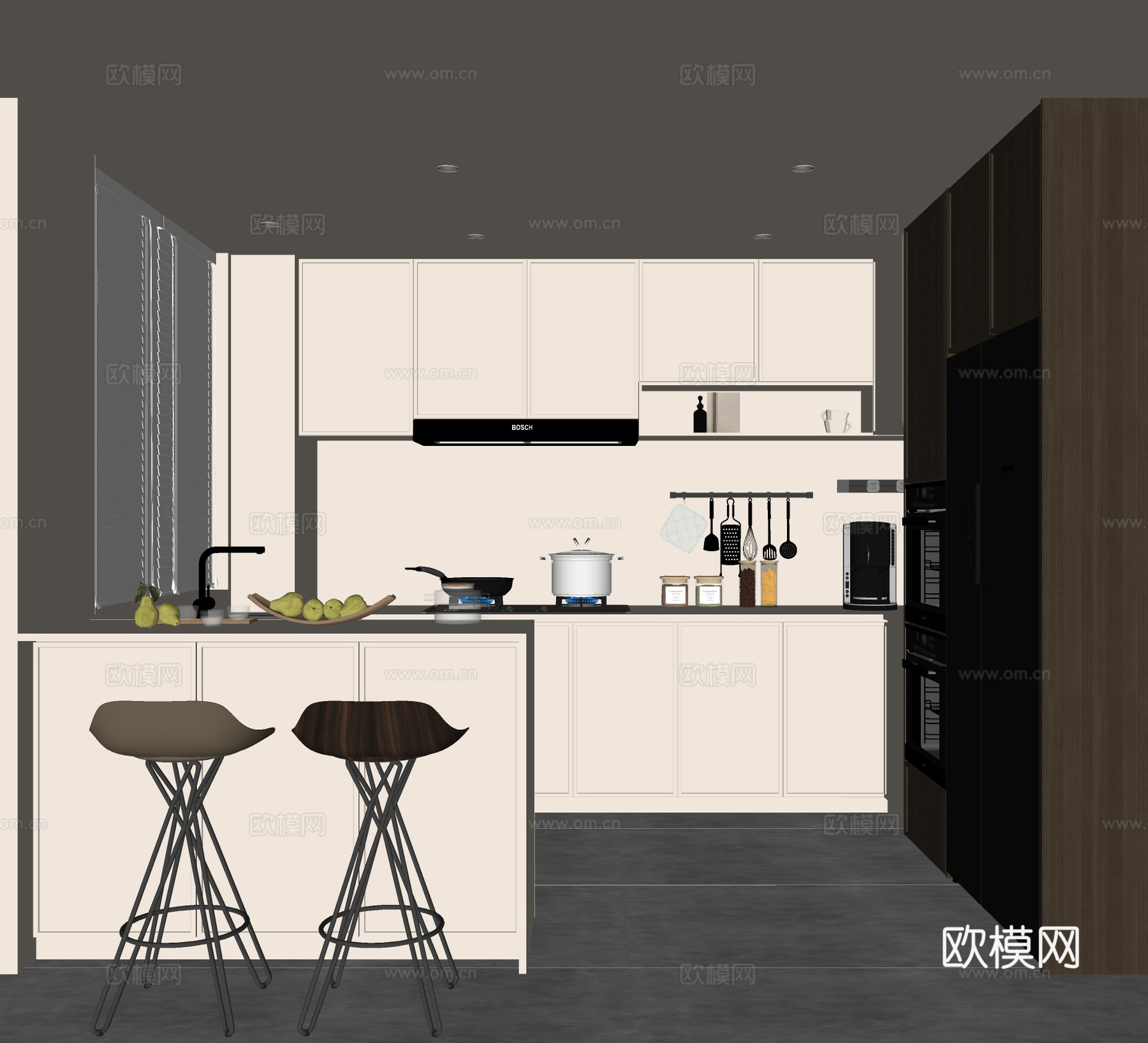 现代厨房 意式厨房 极简厨房 吧台椅 冰箱 厨具su模型