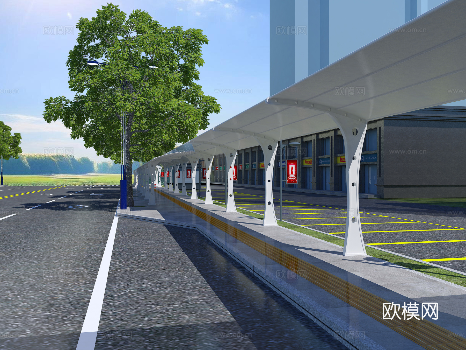 遮阳棚  夜市  夜市大门  树 建筑 路灯 道路3d模型