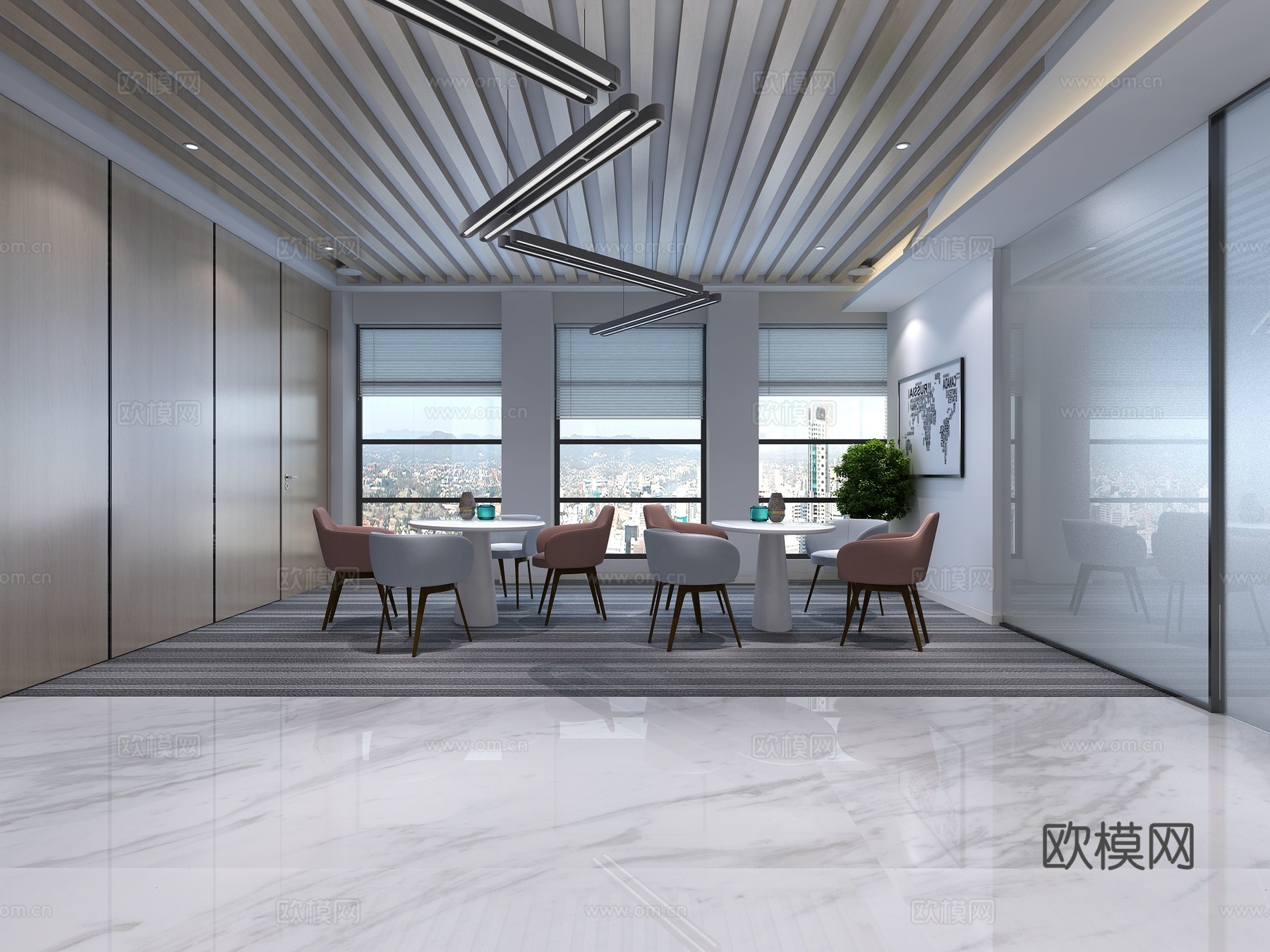现代公司前台 洽谈区 吊灯 装饰画 地毯3d模型