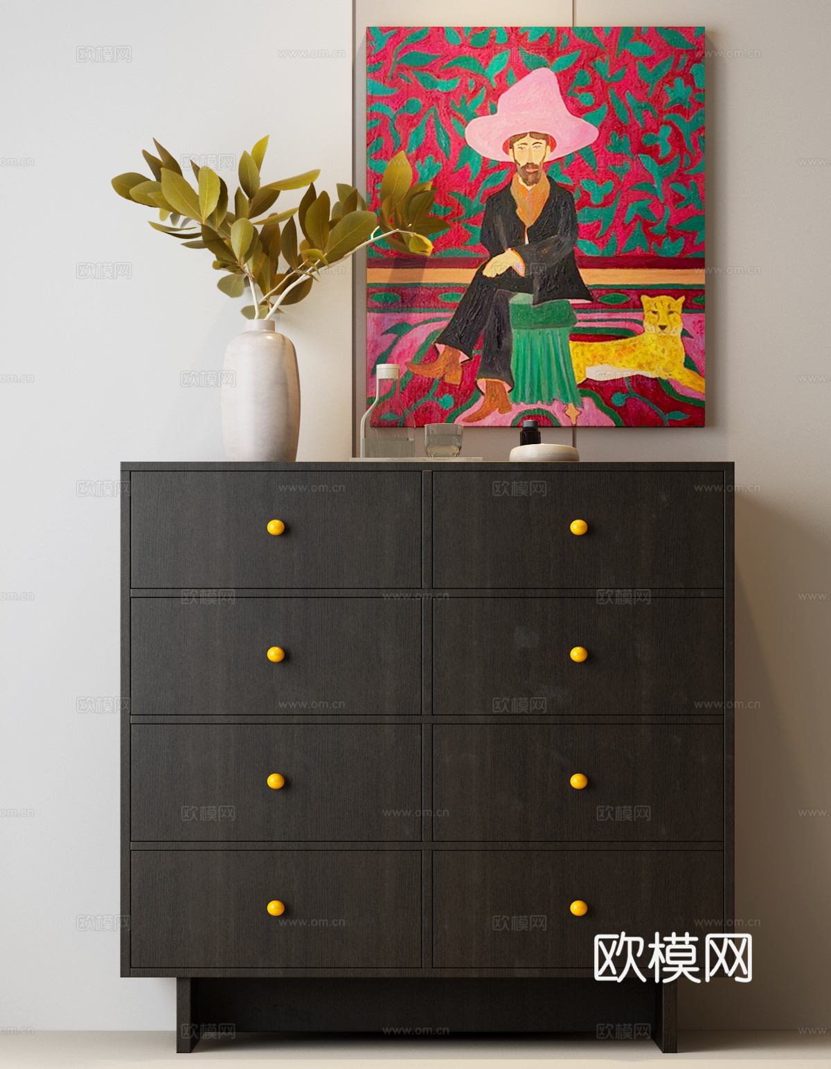 现代中古风边柜 中古风斗柜 现代中古摆件 装饰画 落地灯su模型