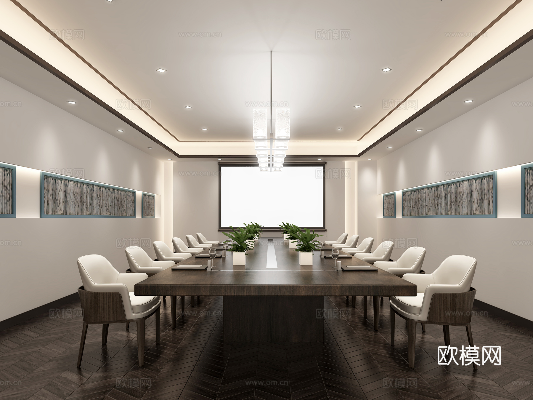 现代小会议室 桌椅 吊灯3d模型