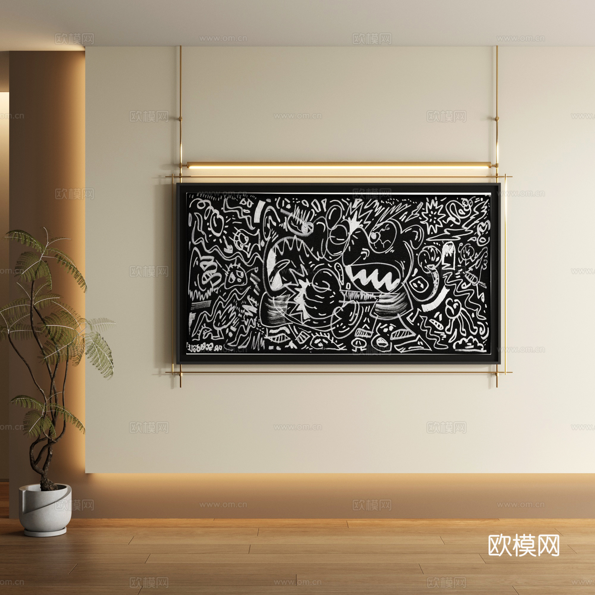 现代涂鸦装饰画 不锈钢吊杆装饰画su模型