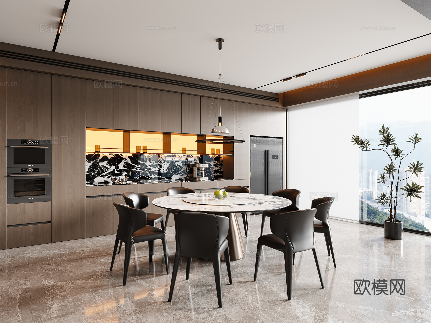 现代意式餐厅 圆餐桌椅 吊灯 酒柜 餐边柜3d模型
