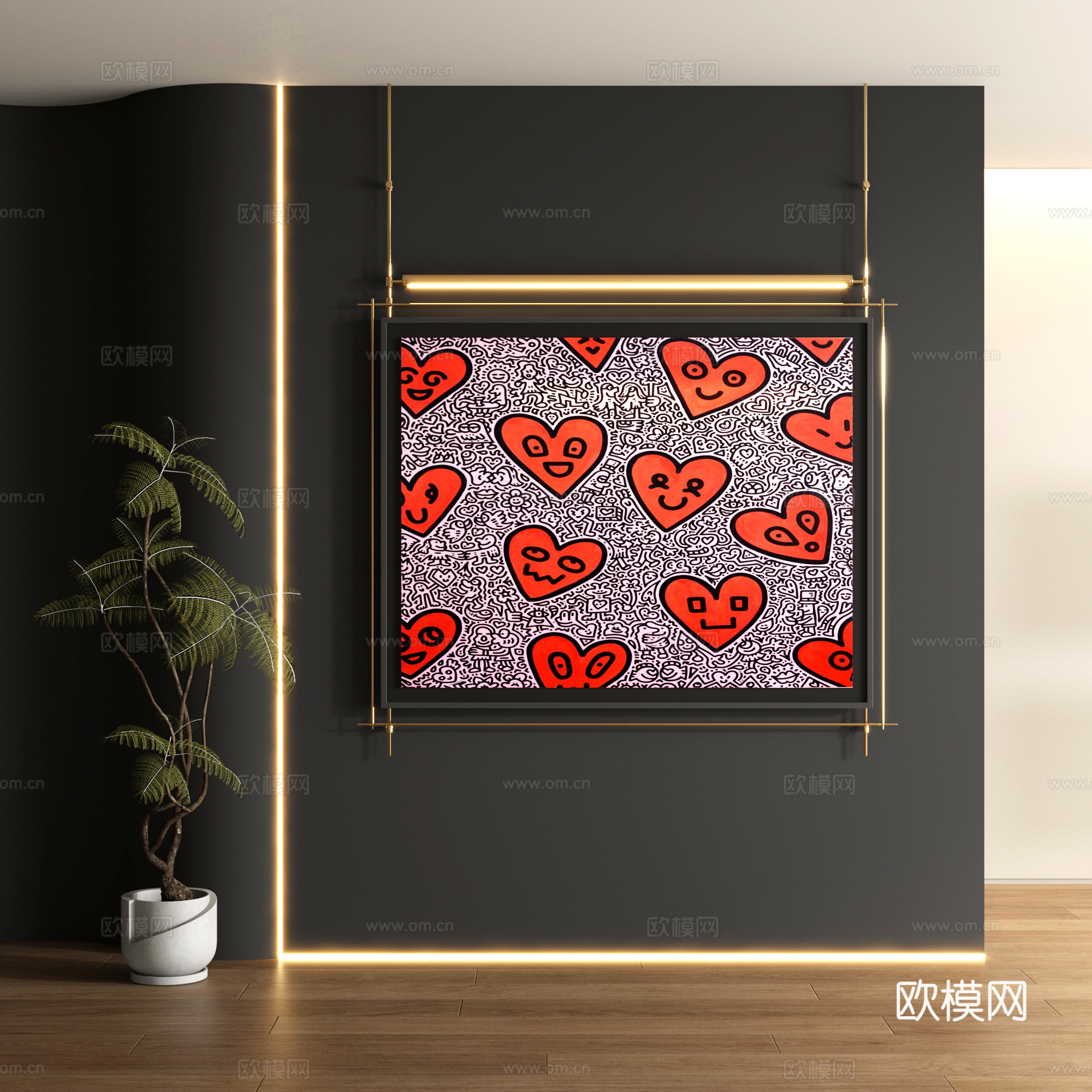 现代涂鸦装饰画 不锈钢吊杆装饰画su模型