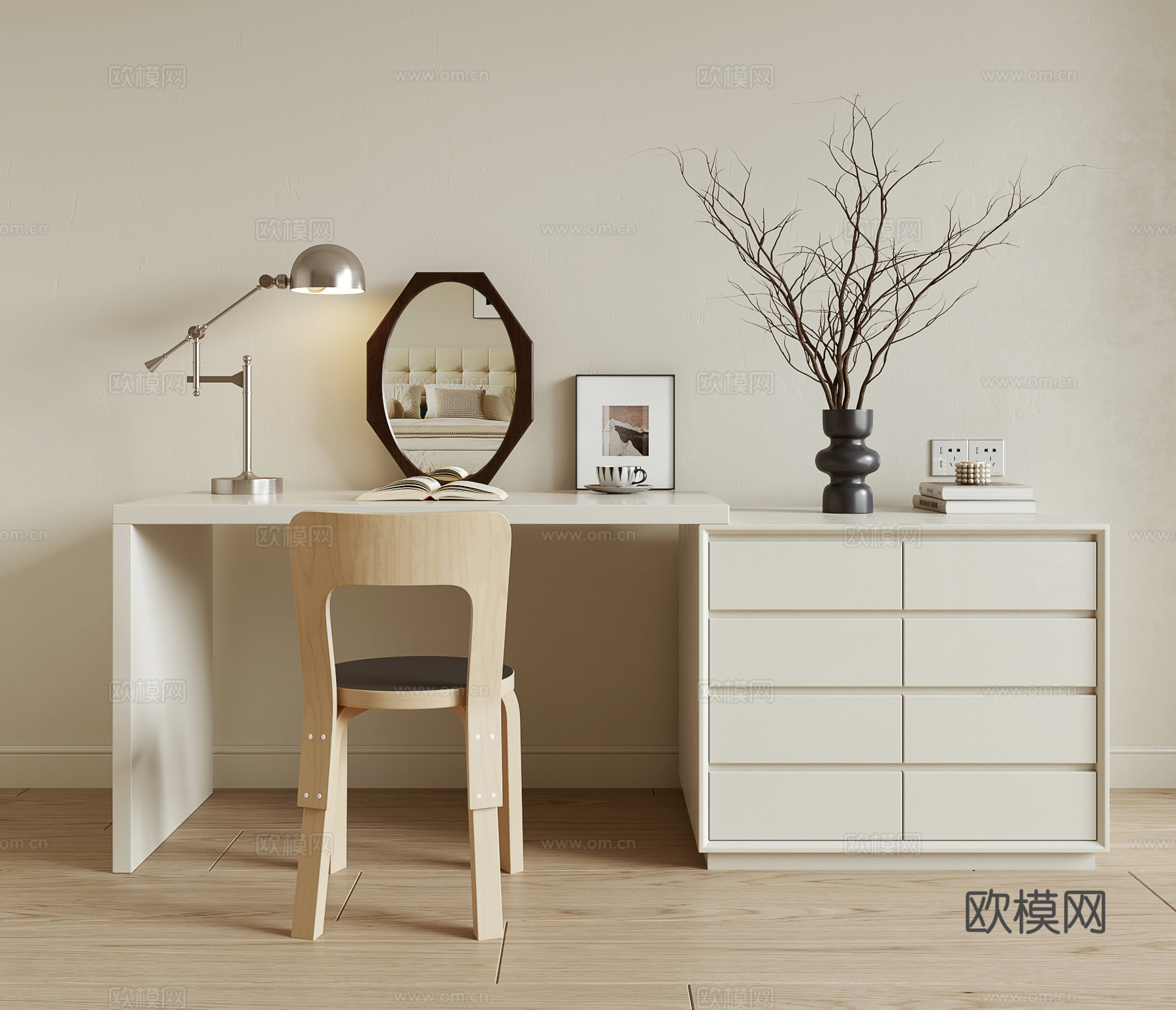 现代奶油风梳妆台3d模型
