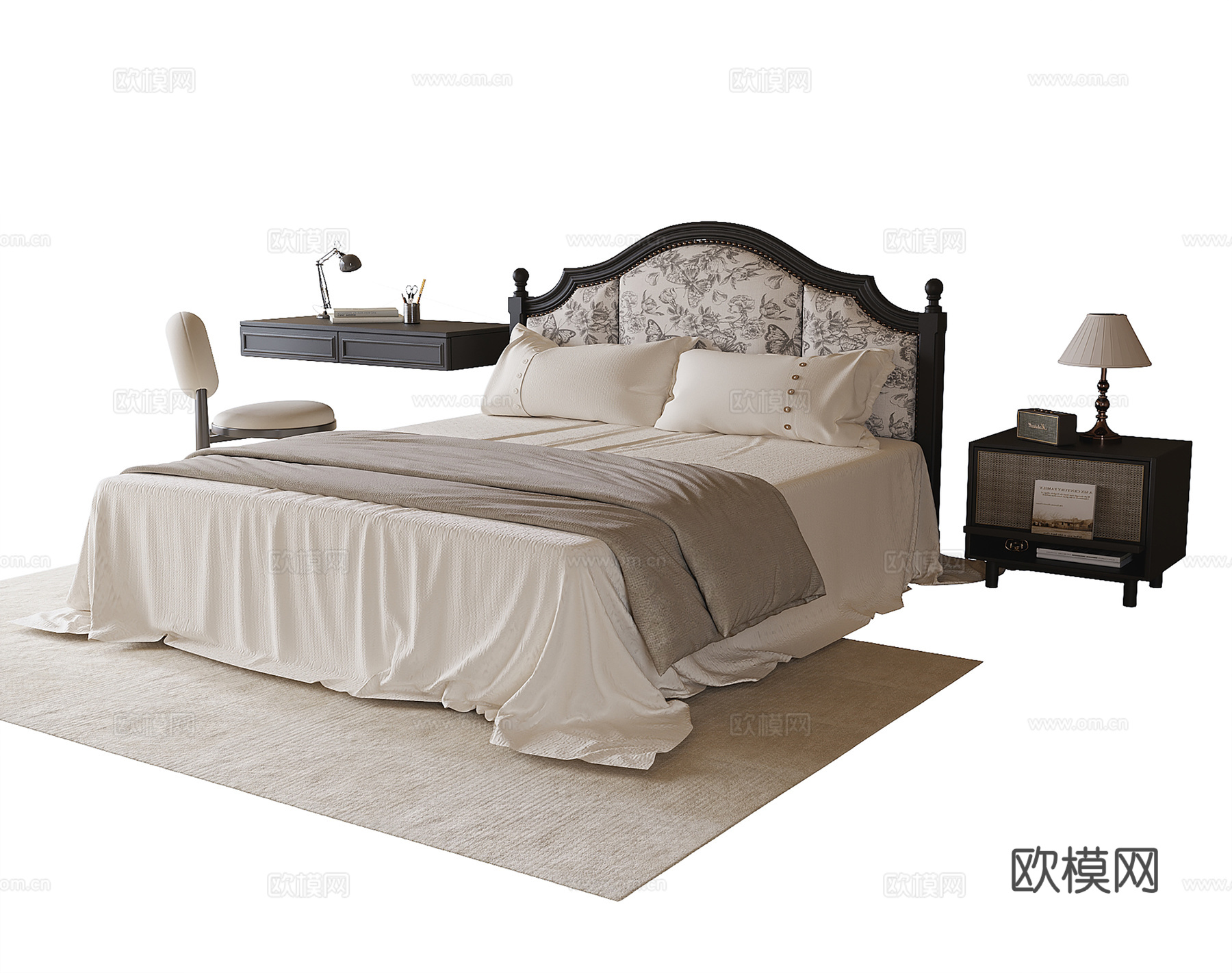 美式儿童床 床头柜 书桌椅su模型下载（渲染图1）