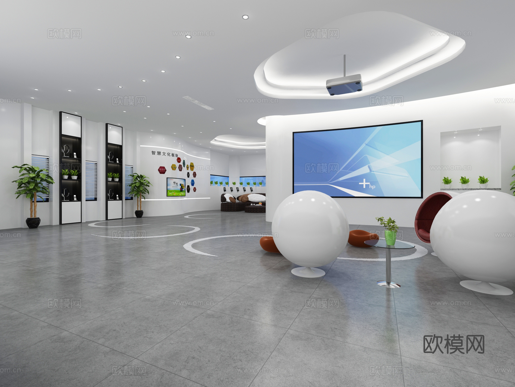 现代公司前台大厅 吊灯 前台 绿植 沙发 茶几 挂画3d模型
