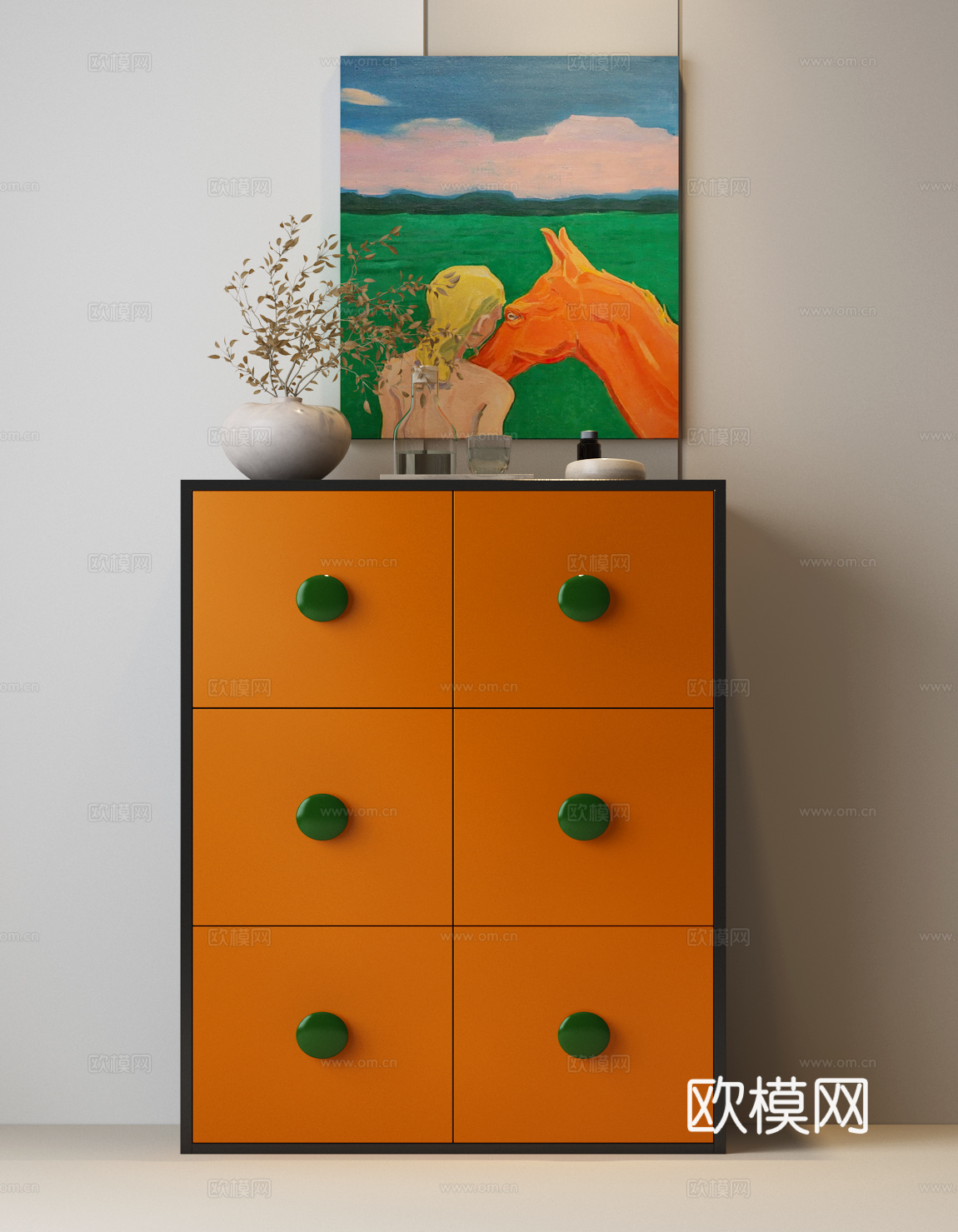 现代中古风边柜 中古风斗柜 现代中古摆件 装饰画 落地灯su模型